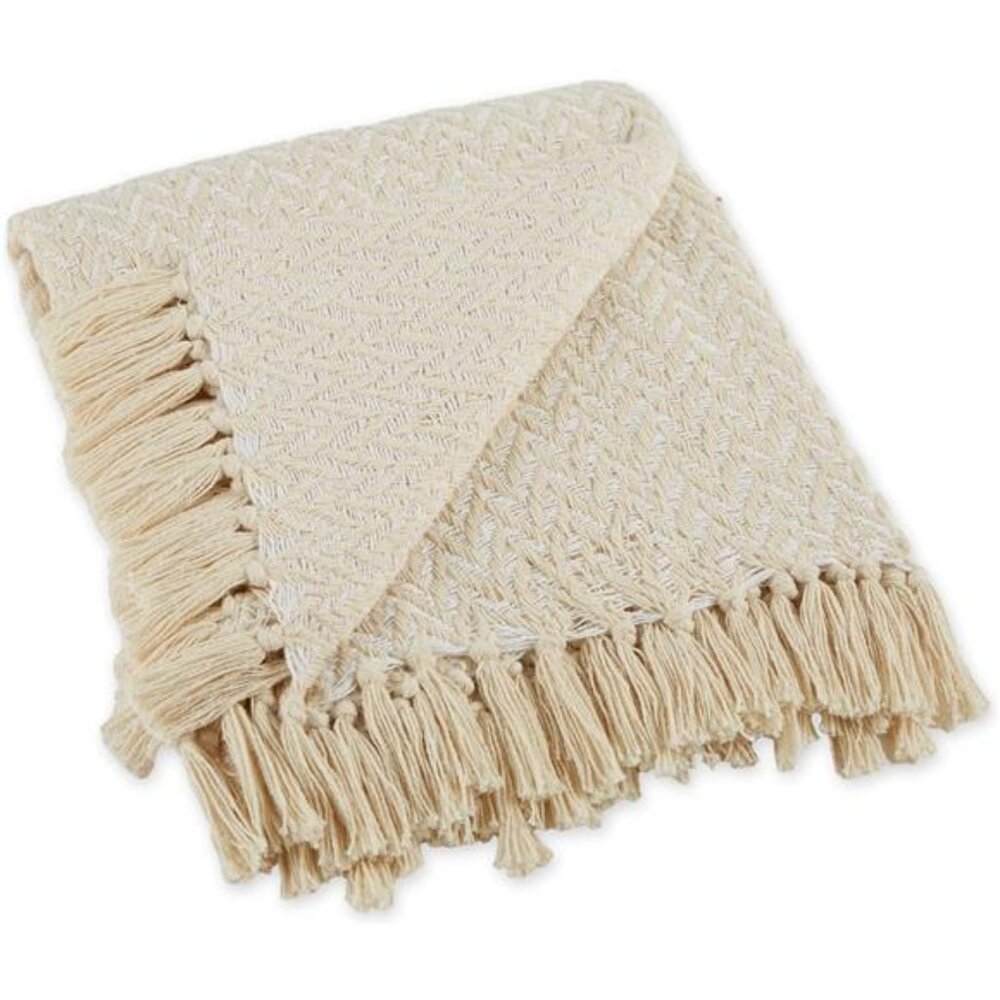 Modern Zig Zag Throw Blanket Woven Cotton, Hand-Knotted 2.5" Fringe